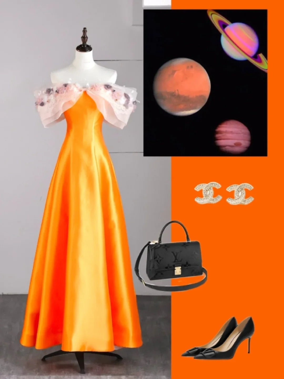 Robe de bal longue orange en satin, coupe trapèze, épaules dénudées, ornée d'appliqués, N579