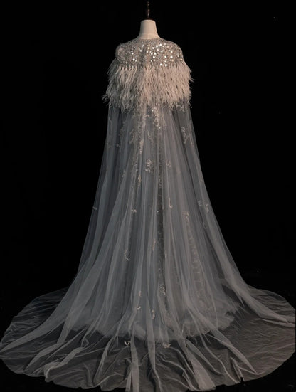 Elegantes, langes Abendkleid aus silbergrauem Tüll mit V-Ausschnitt und perlenbesetztem Oberteil (A-Linie) – Modell N581