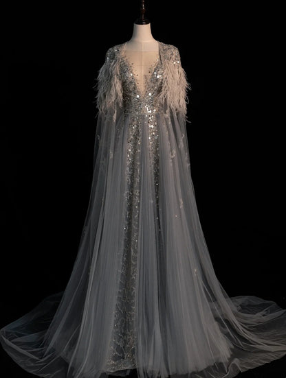 Elegantes, langes Abendkleid aus silbergrauem Tüll mit V-Ausschnitt und perlenbesetztem Oberteil (A-Linie) – Modell N581