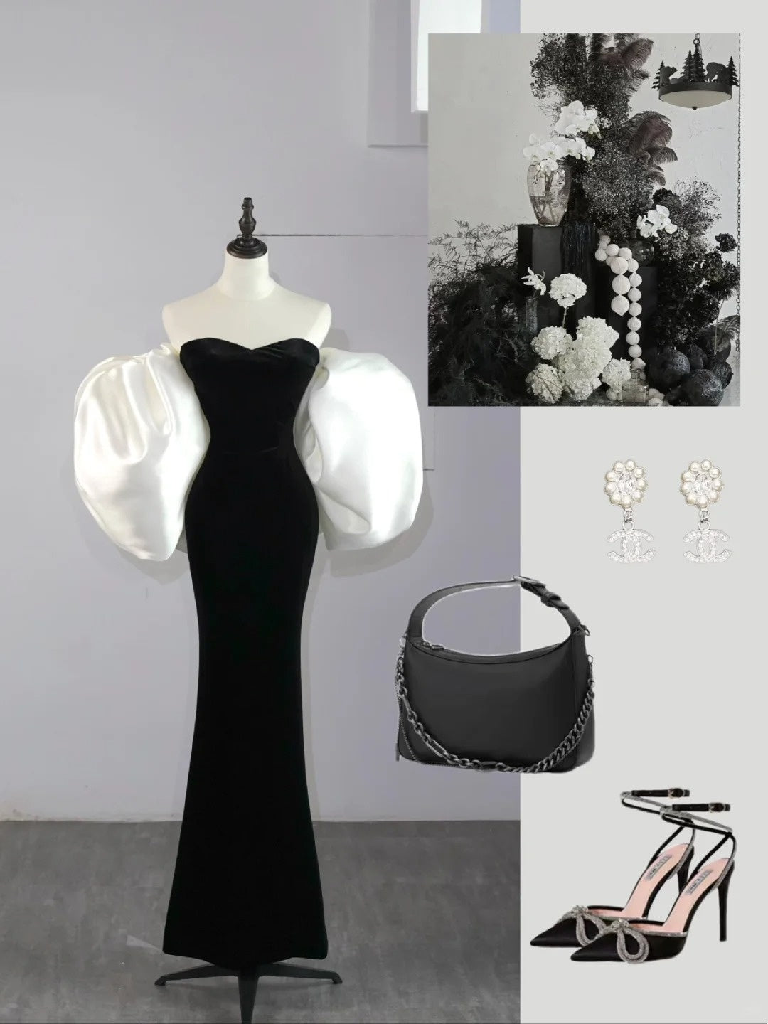 Robe de bal longue sirène en velours noir avec cape et décolleté cœur, N582