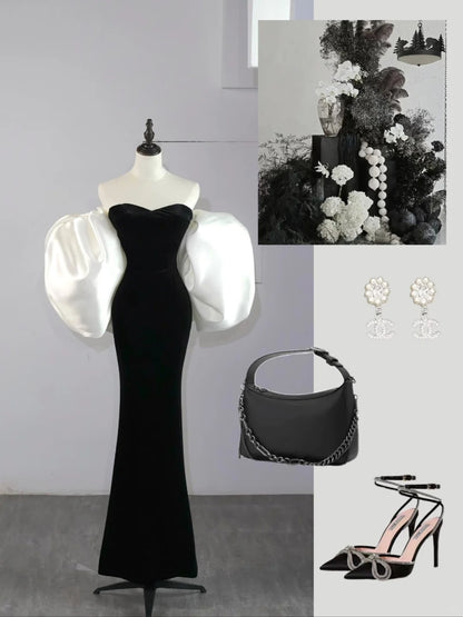 Robe de bal longue sirène en velours noir avec cape et décolleté cœur, N582
