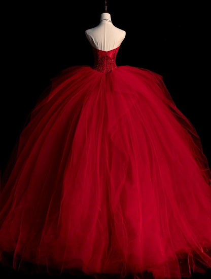 Robe de bal rouge bustier sans manches ornée d'appliqués en tulle, longue, idéale pour une quinceañera, un anniversaire de 15 ou 16 ans (N583)