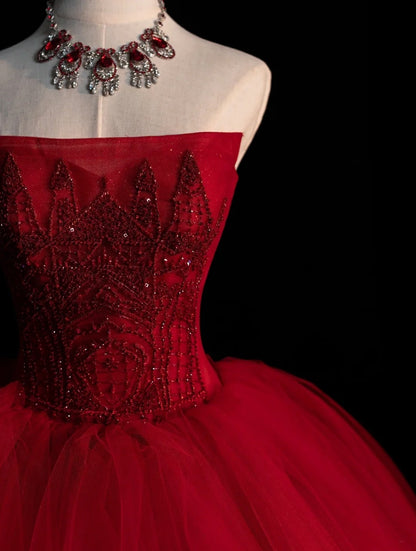Robe de bal rouge bustier sans manches ornée d'appliqués en tulle, longue, idéale pour une quinceañera, un anniversaire de 15 ou 16 ans (N583)