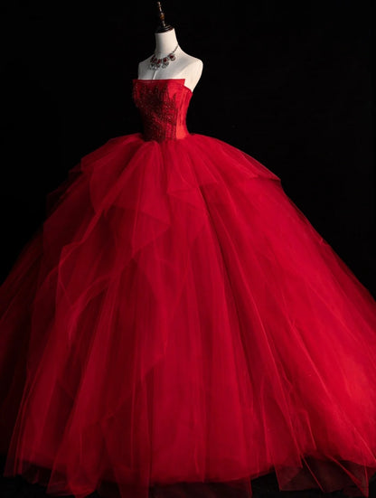Robe de bal rouge bustier sans manches ornée d'appliqués en tulle, longue, idéale pour une quinceañera, un anniversaire de 15 ou 16 ans (N583)