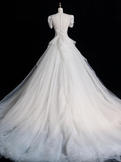 Robe de mariée sirène blanche à sequins et corsage perlé, col rond, manches courtes, coupe ajustée, modèle N607