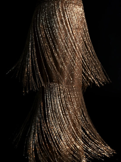 Robe de bal longue sirène modeste à col en V et franges à sequins N606