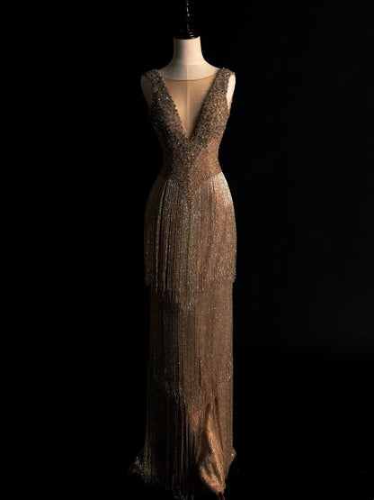 Robe de bal longue sirène modeste à col en V et franges à sequins N606