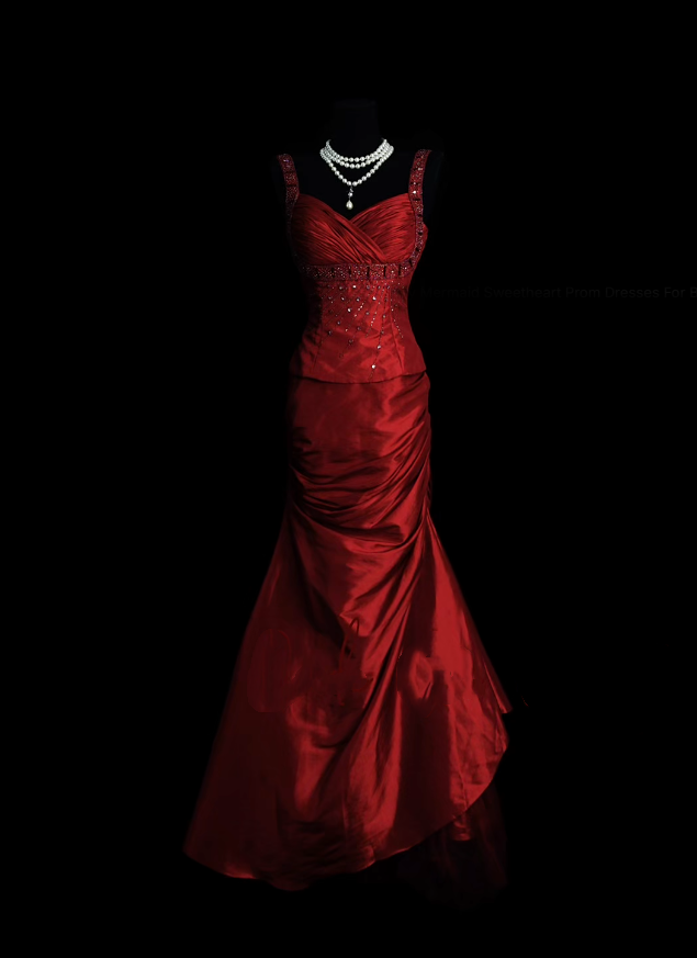 Robe de bal longue plissée en satin bordeaux, style sirène rétro chic, bretelles, années 1950, référence N831