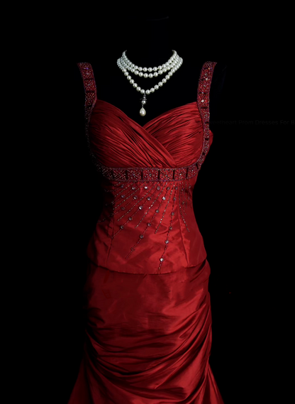 Robe de bal longue plissée en satin bordeaux, style sirène rétro chic, bretelles, années 1950, référence N831