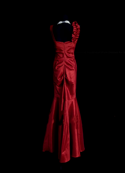 Robe de bal longue plissée en satin bordeaux, style sirène rétro chic, col en V, années 1950, référence N833