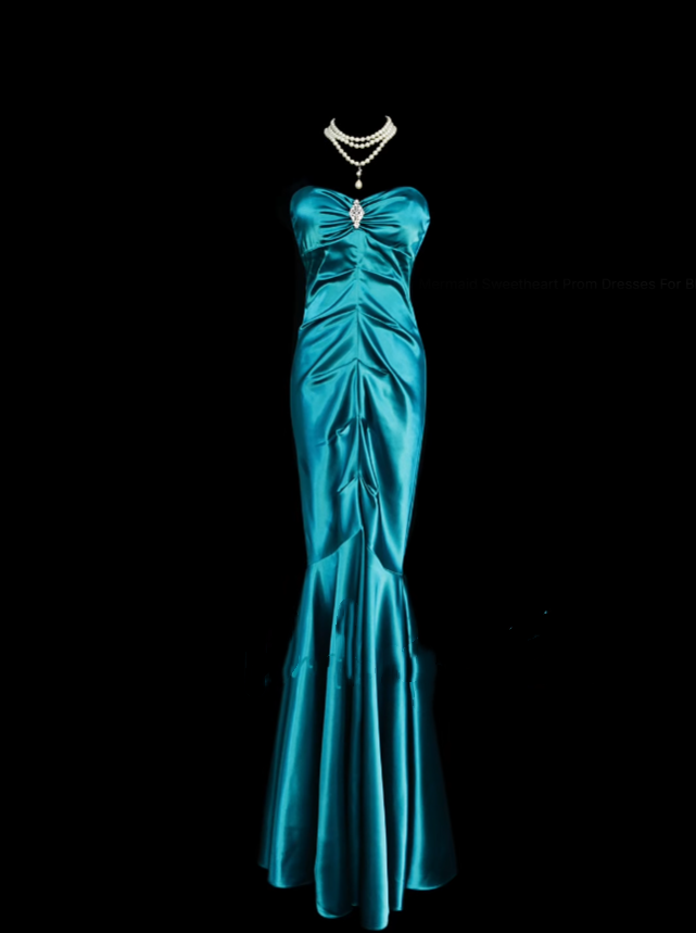 Robe de bal longue sirène rétro chic à décolleté cœur plissé en satin bleu des années 1950 - N834