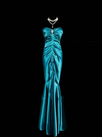 Robe de bal longue sirène rétro chic à décolleté cœur plissé en satin bleu des années 1950 - N834