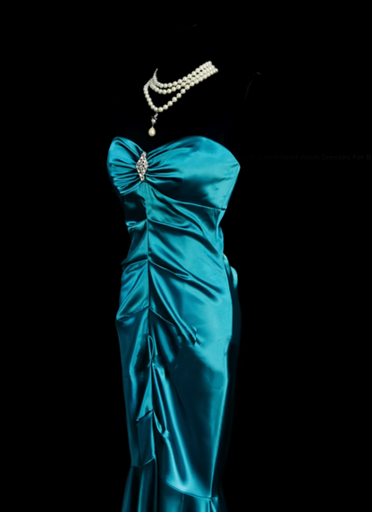 Robe de bal longue sirène rétro chic à décolleté cœur plissé en satin bleu des années 1950 - N834
