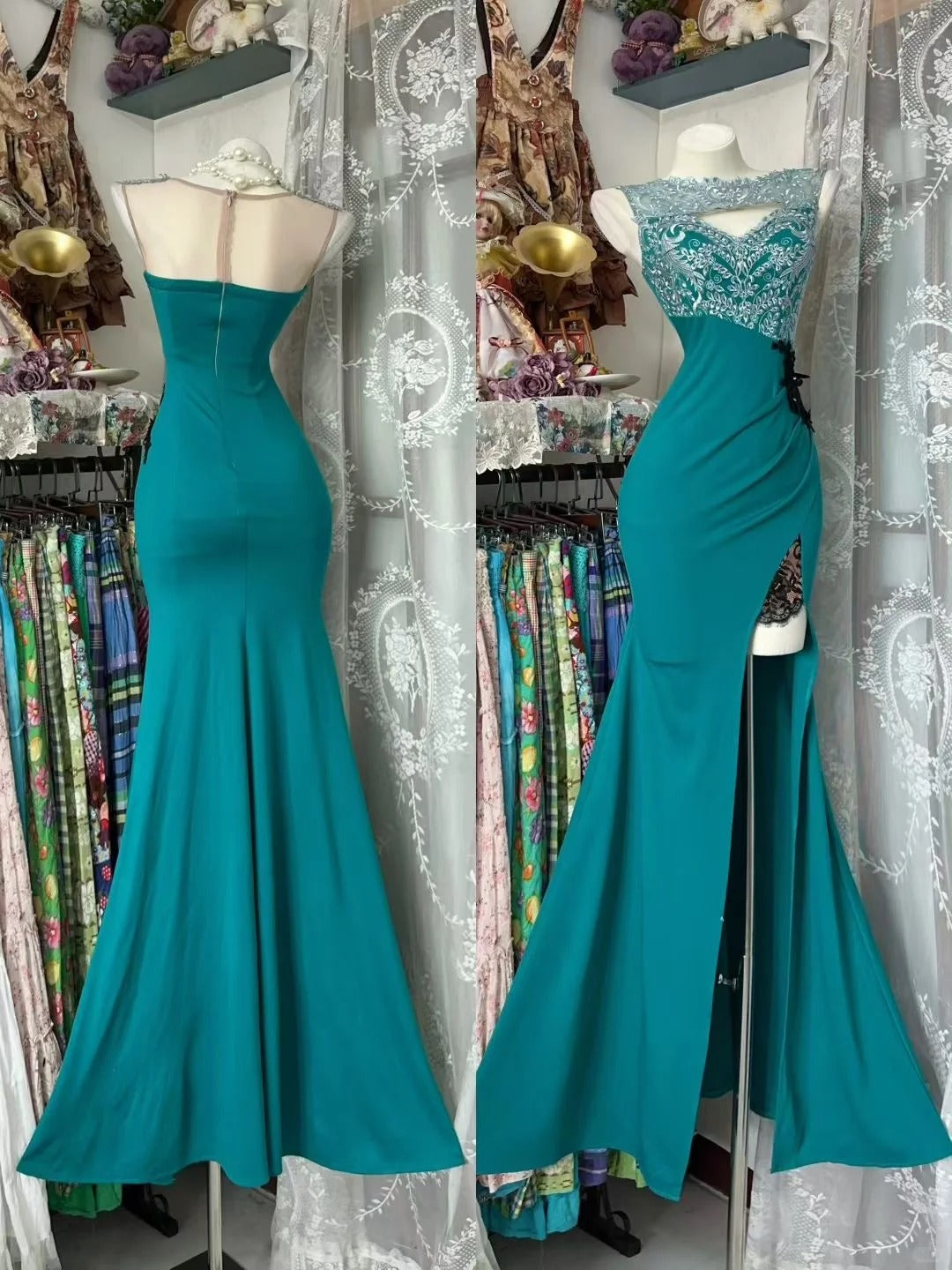 Robe de bal rétro chic style sirène, fente bijou, satin bleu orné de perles et de cristaux argentés, années 1950, référence N847