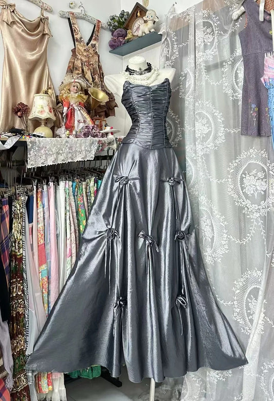 Modest Ball Gown Strapless Silver Gray Satin Long Prom Dresses Party Dress 21st Birthday Outfits Graduation Dress N836