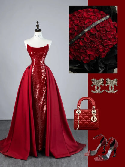 Robe de bal longue sirène bordeaux à paillettes, sans bretelles, plissée et avec traîne, en satin, référence N848
