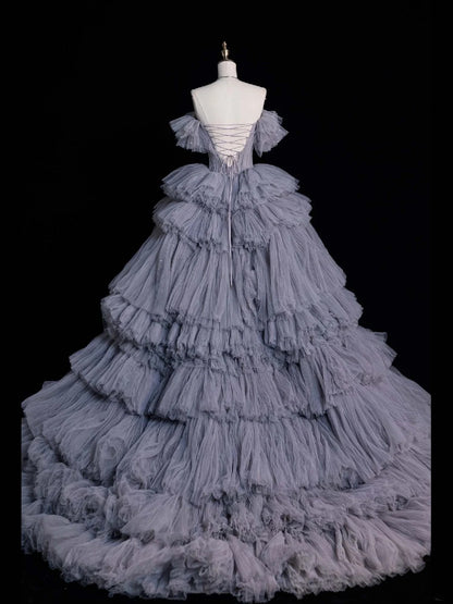 Robe de bal sobre à épaules dénudées en tulle gris, longue robe de soirée, tenue pour un 21e anniversaire, robe de remise de diplôme N852