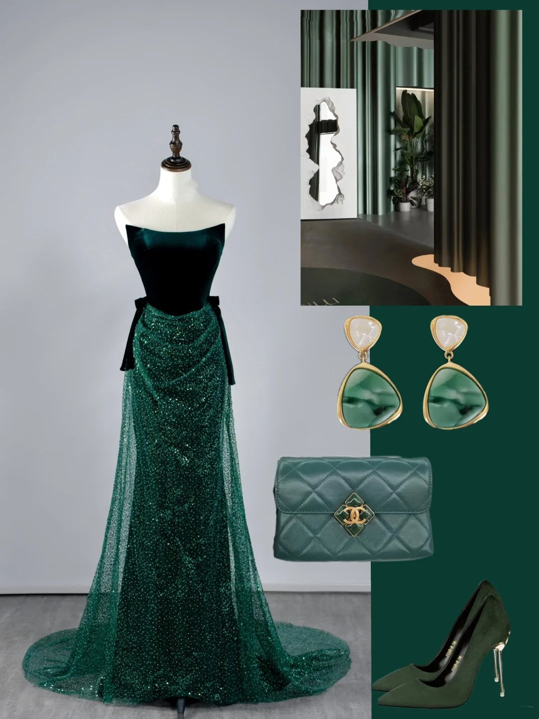 Robe de bal longue plissée vert foncé à paillettes, sans bretelles, style sirène, N850