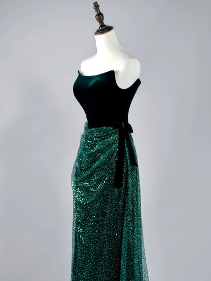Robe de bal longue plissée vert foncé à paillettes, sans bretelles, style sirène, N850
