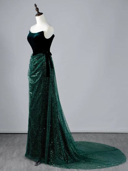 Robe de bal longue plissée vert foncé à paillettes, sans bretelles, style sirène, N850