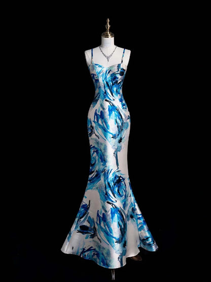 Robe de bal sirène rétro chic à bretelles spaghetti et imprimé floral en satin bleu, style années 50, référence N853