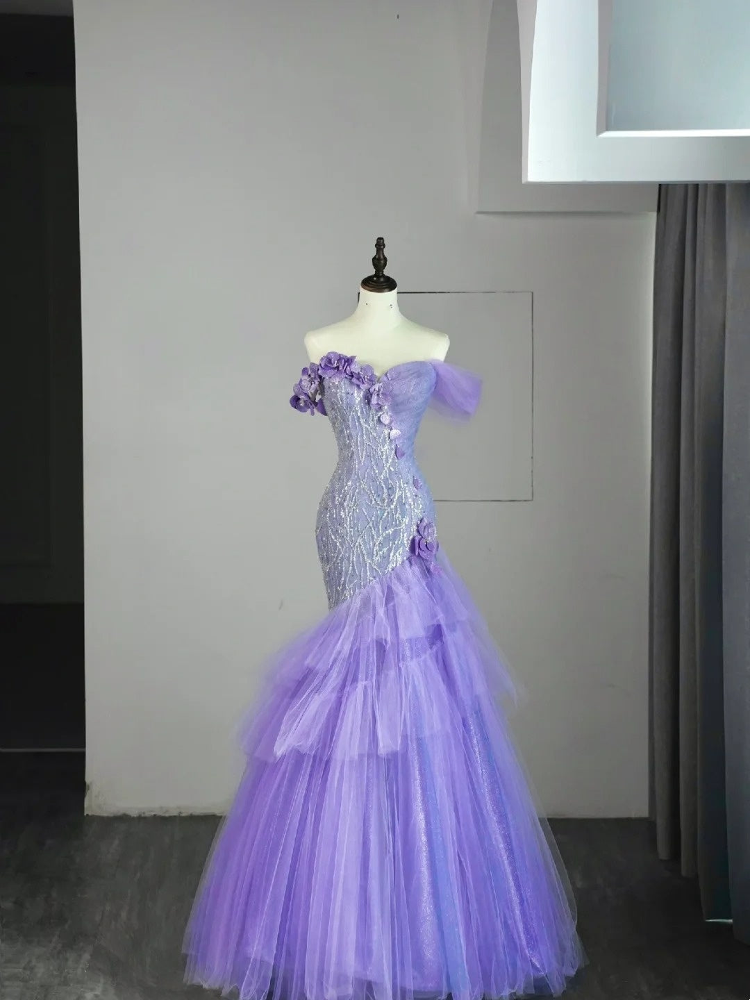 Modest Mermaid Off The Shoulder Lilac Tulle Long Prom Dresses Party Dress 21st Birthday Outfits Graduation Gown N851
