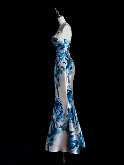 Robe de bal sirène rétro chic à bretelles spaghetti et imprimé floral en satin bleu, style années 50, référence N853