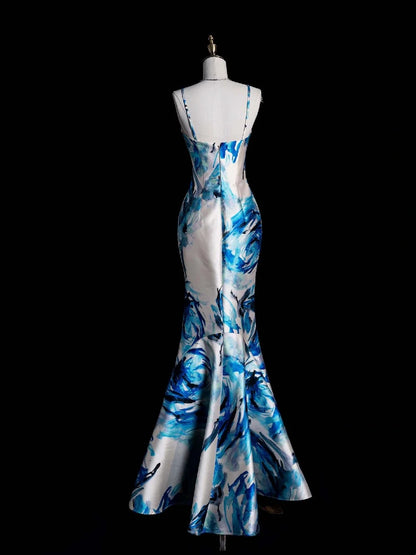 Robe de bal sirène rétro chic à bretelles spaghetti et imprimé floral en satin bleu, style années 50, référence N853