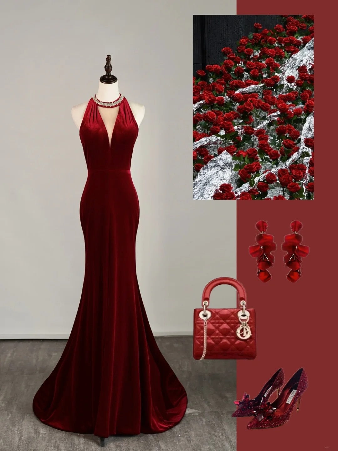 Robe de bal longue sirène en velours bordeaux ornée de perles, modèle N854