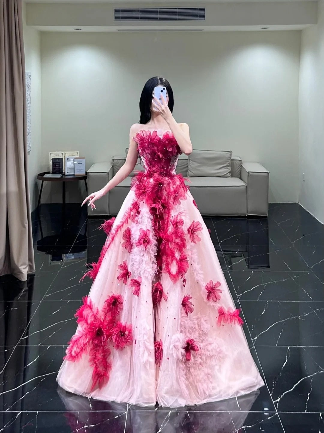 Robe de bal modeste sans bretelles, rose à fleurs, en tulle, longue, idéale pour un bal de fin d'année, une soirée, un 21e anniversaire ou une remise de diplôme (N855)