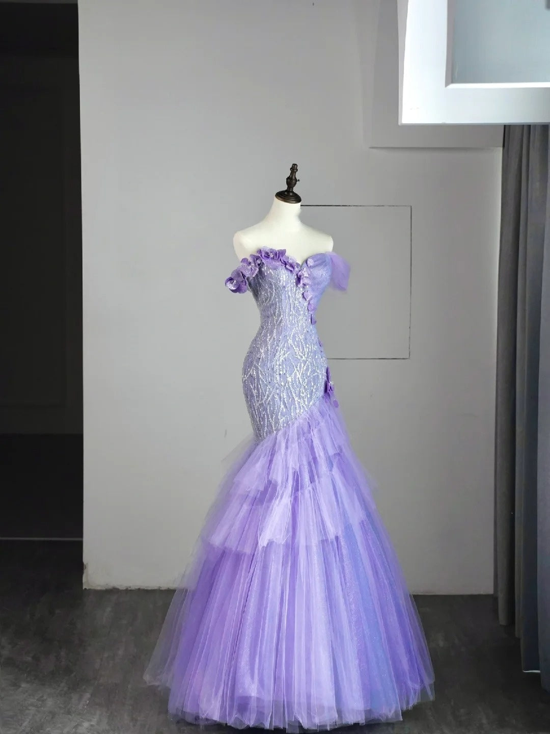 Modest Mermaid Off The Shoulder Lilac Tulle Long Prom Dresses Party Dress 21st Birthday Outfits Graduation Gown N851