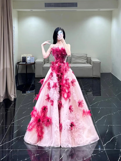 Robe de bal modeste sans bretelles, rose à fleurs, en tulle, longue, idéale pour un bal de fin d'année, une soirée, un 21e anniversaire ou une remise de diplôme (N855)