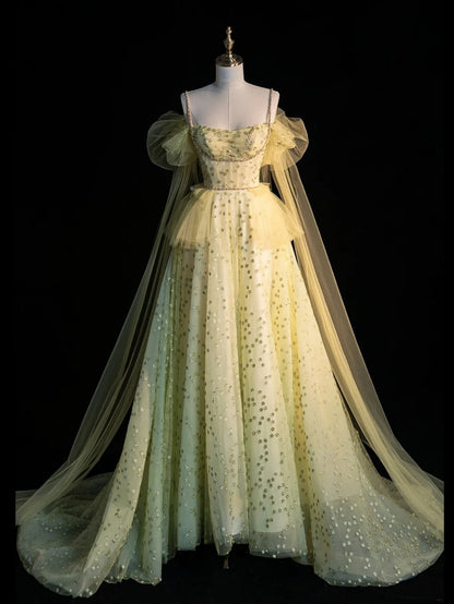 Prinzessinnen-Ballkleid mit Spaghettiträgern, gelbes Tüllkleid, langes Abendkleid, Partykleid, Outfit zum 21. Geburtstag, Abschlusskleid N856