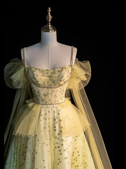 Prinzessinnen-Ballkleid mit Spaghettiträgern, gelbes Tüllkleid, langes Abendkleid, Partykleid, Outfit zum 21. Geburtstag, Abschlusskleid N856