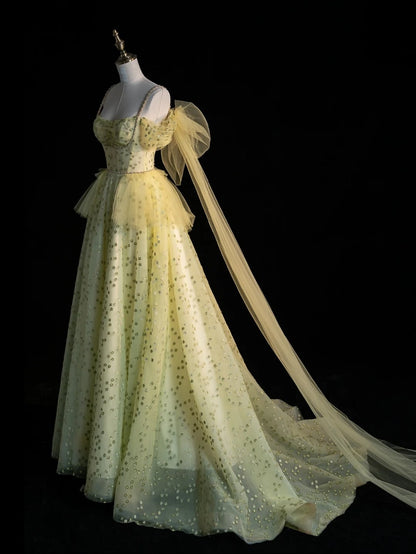 Prinzessinnen-Ballkleid mit Spaghettiträgern, gelbes Tüllkleid, langes Abendkleid, Partykleid, Outfit zum 21. Geburtstag, Abschlusskleid N856