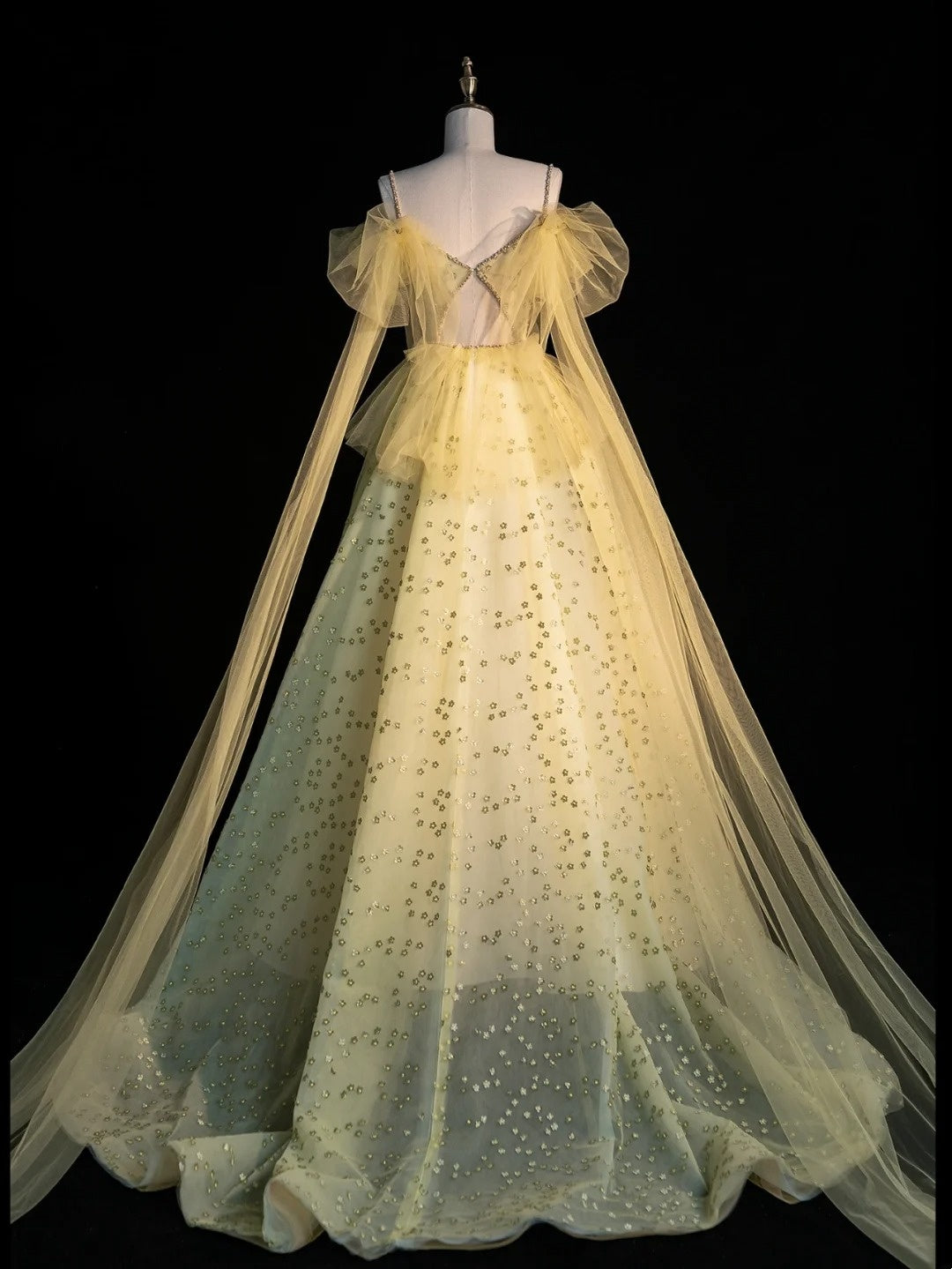 Prinzessinnen-Ballkleid mit Spaghettiträgern, gelbes Tüllkleid, langes Abendkleid, Partykleid, Outfit zum 21. Geburtstag, Abschlusskleid N856