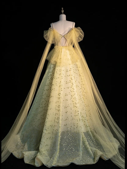 Prinzessinnen-Ballkleid mit Spaghettiträgern, gelbes Tüllkleid, langes Abendkleid, Partykleid, Outfit zum 21. Geburtstag, Abschlusskleid N856