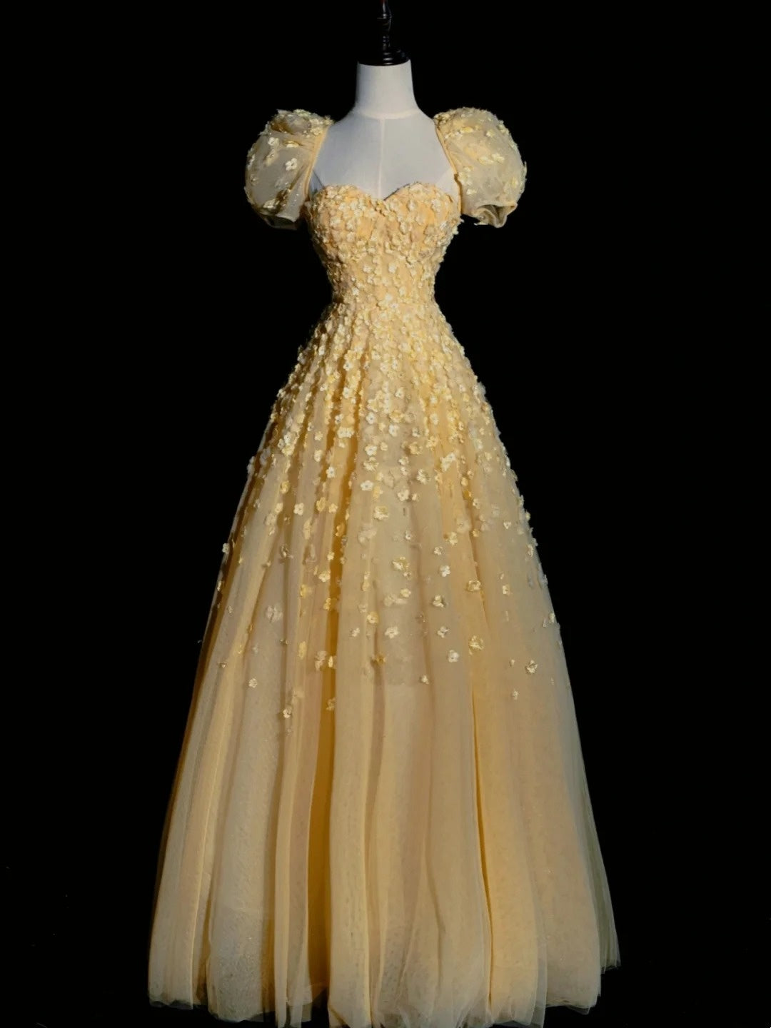 Robe de bal princesse bustier cœur en tulle jaune, longue robe de soirée, tenue d'anniversaire 18 ans, robe de remise de diplôme N857