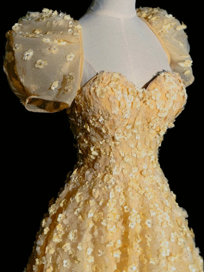 Robe de bal princesse bustier cœur en tulle jaune, longue robe de soirée, tenue d'anniversaire 18 ans, robe de remise de diplôme N857
