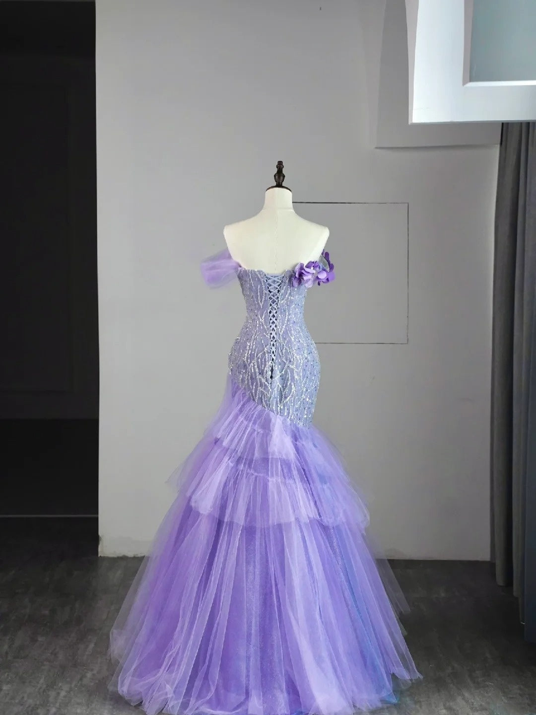 Modest Mermaid Off The Shoulder Lilac Tulle Long Prom Dresses Party Dress 21st Birthday Outfits Graduation Gown N851