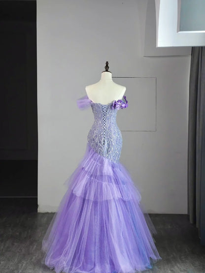 Modest Mermaid Off The Shoulder Lilac Tulle Long Prom Dresses Party Dress 21st Birthday Outfits Graduation Gown N851