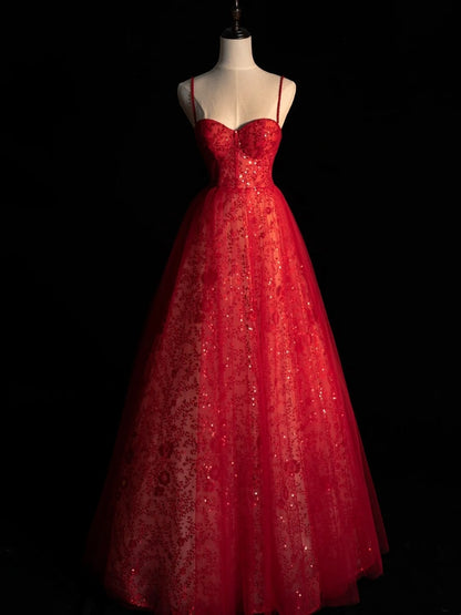 Robe de bal de princesse à bretelles spaghetti, sequins, tulle rouge, longue robe de soirée, tenue pour 18 ans, robe de remise de diplôme N860
