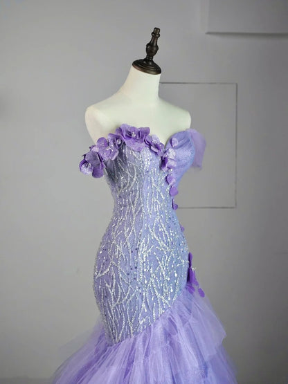 Modest Mermaid Off The Shoulder Lilac Tulle Long Prom Dresses Party Dress 21st Birthday Outfits Graduation Gown N851