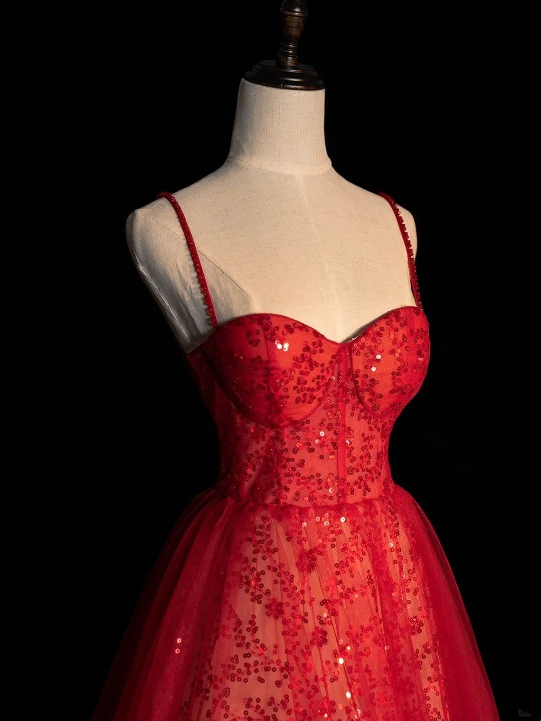 Robe de bal de princesse à bretelles spaghetti, sequins, tulle rouge, longue robe de soirée, tenue pour 18 ans, robe de remise de diplôme N860