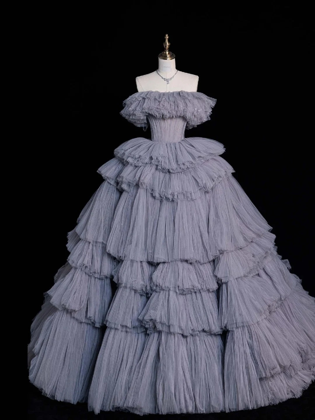 Robe de bal sobre à épaules dénudées en tulle gris, longue robe de soirée, tenue pour un 21e anniversaire, robe de remise de diplôme N852