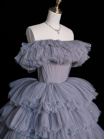 Robe de bal sobre à épaules dénudées en tulle gris, longue robe de soirée, tenue pour un 21e anniversaire, robe de remise de diplôme N852