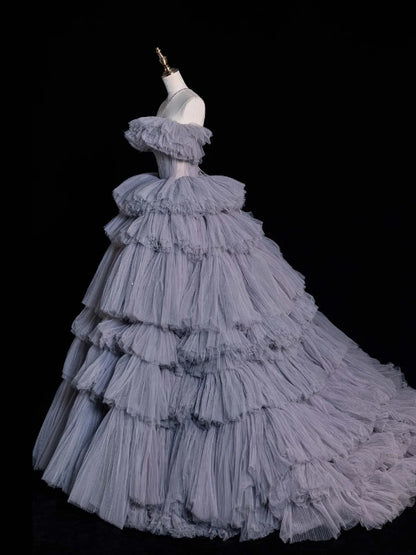 Robe de bal sobre à épaules dénudées en tulle gris, longue robe de soirée, tenue pour un 21e anniversaire, robe de remise de diplôme N852