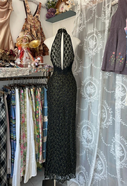 Robe de bal longue en dentelle noire élégante, col montant et fourreau, idéale pour une soirée, un 21e anniversaire ou une remise de diplôme (N856)