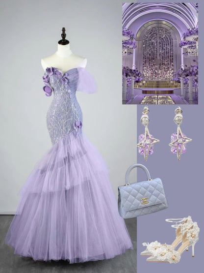 Modest Mermaid Off The Shoulder Lilac Tulle Long Prom Dresses Party Dress 22th Birthday Outfits Graduation Gown N863