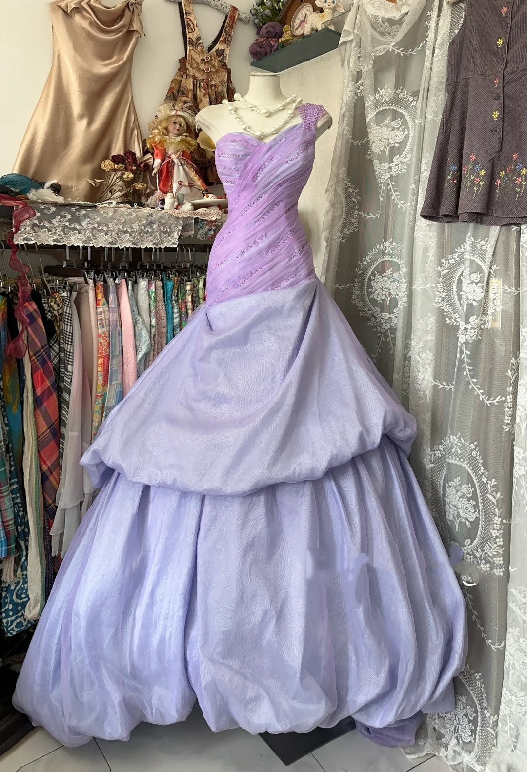 Robe de bal élégante asymétrique lilas ornée de perles et de plis, style années 2000, robe de soirée longue N857